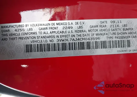 2012 Volkswagen Jetta 2.0L Tdi из США, поврежденный, VIN 3VW3L7AJ4CM043596